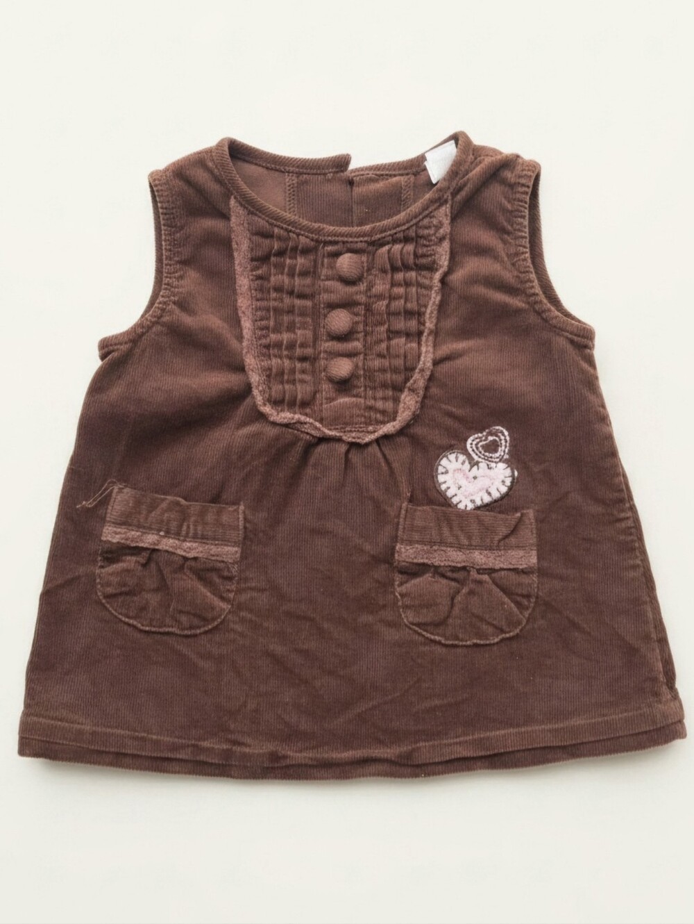 Baby Q Corduroy Dress 3-6M Brown Jumper Pleated Bib Lace Trim Heart